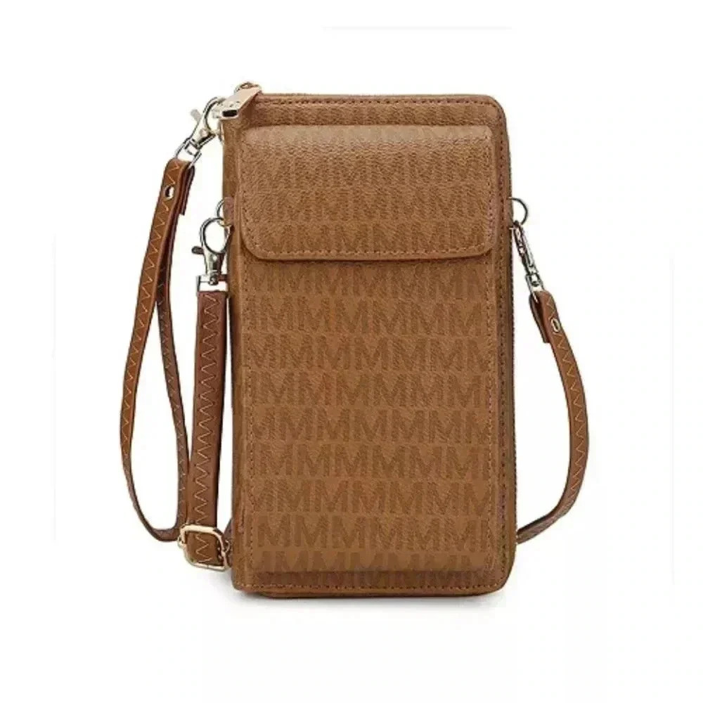 MKF Collection Phone Wallet Crossbody Bag Tan “M” Logo Faux Leather EUC